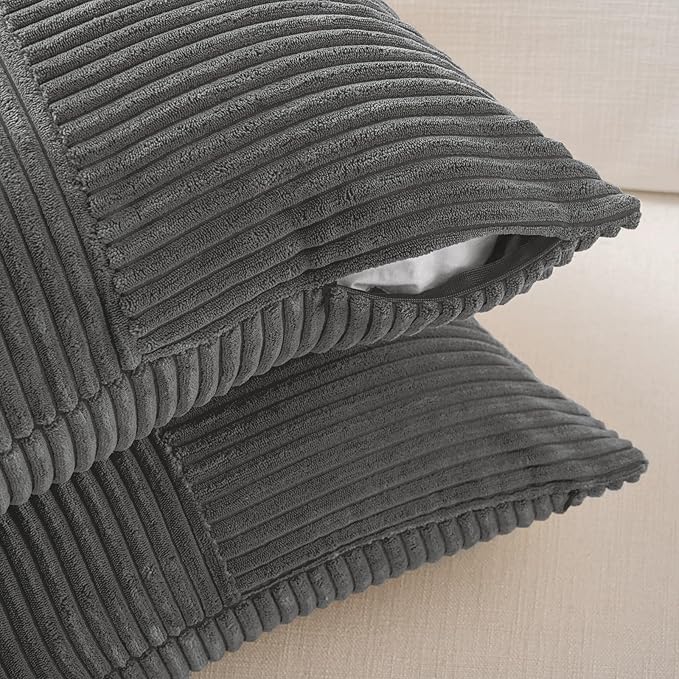 Fancy Homi 2 Packs Dark Gray Long Lumbar Decorative Throw Pillow Covers 16x24 Inch for Couch Bed Sofa, Rustic Farmhouse Boho Home Decor, Soft Striped Corduroy Rectangle Accent Cushion Case 40x60 cm