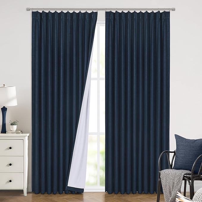 Vision Home Navy Blue Pinch Pleated Full Blackout Curtains Linen Blended Room Darkening Window Panels 90 inch for Living Room Bedroom Thermal Insulated Pinch Pleat Drapes with Hooks 60" Wx90 Lx1