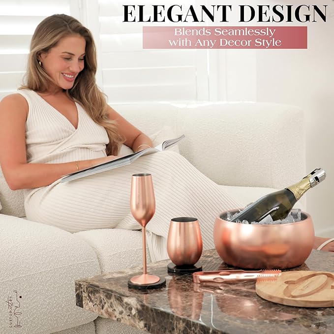 Gusto Nostro 4.1L Insulated Ice Bucket with Lid and Tongs, Double Wall Stainless Steel Ice Bucket Large, BPA Free Ice Bucket for Cocktail Bar, Keeps Champagne, Wine, Beer Chill for Parties (Rose)