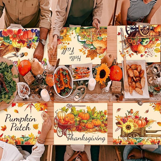 Thanksgiving Placemats Set of 6 Fall Plastic Table Mats Thanksgiving Day Place Mat Autumn Harvest Place Mats Washable Rustic Pumpkins Table Decoration for Indoor Outdoor Party Kitchen Dining