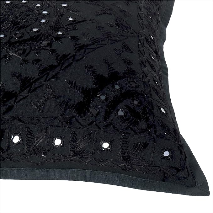 Eyes of India Embroidered Decorative Boho Throw Pillow Cover with Mirrors, Handmade Bohemian Accent Cushion Case for Sofa Couch Bedroom Living Room (Black, 16" x 16")