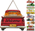 Interchangeable Welcome Sign for Front Door Red Farmhouse Truck Decor Hanging Sign with 11 Interchangeable Seasonal and Holiday Decor Signs 12x14 in. (Country Rustic)