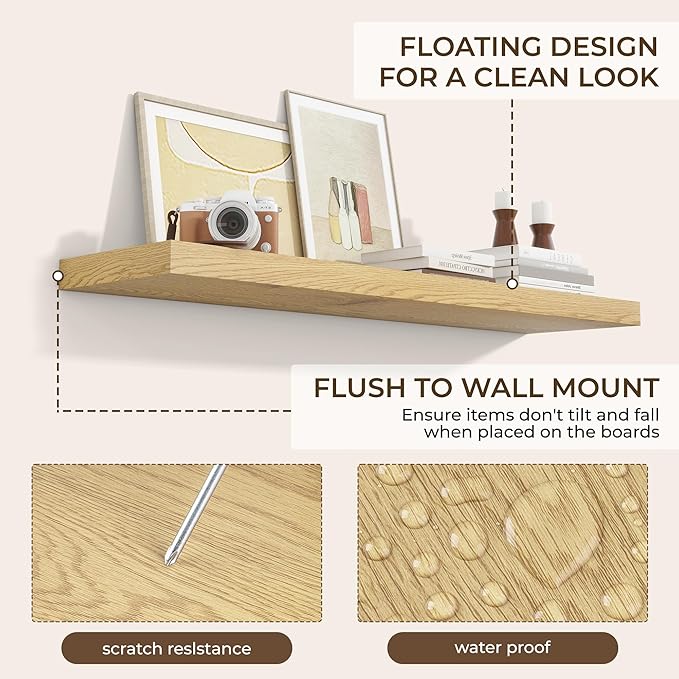 RICHFOCUS 40Inch Floating Shelves for Wall 2 Pack Shelves for Bedroom|Kitchen|Bathroom Wall Mounted Rustic Wood Floating Shelf with Invisible Brackets for Books|Storage|Decor, Oak