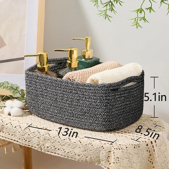 Small Storage Baskets for Organizing | Closet Organizer Bins | Shelf Toy Basket | Woven Rope Baskets | Cube Decorative Box | Shallow Basket | 13x8.5x5.1” | 3 Packs Dark Gray