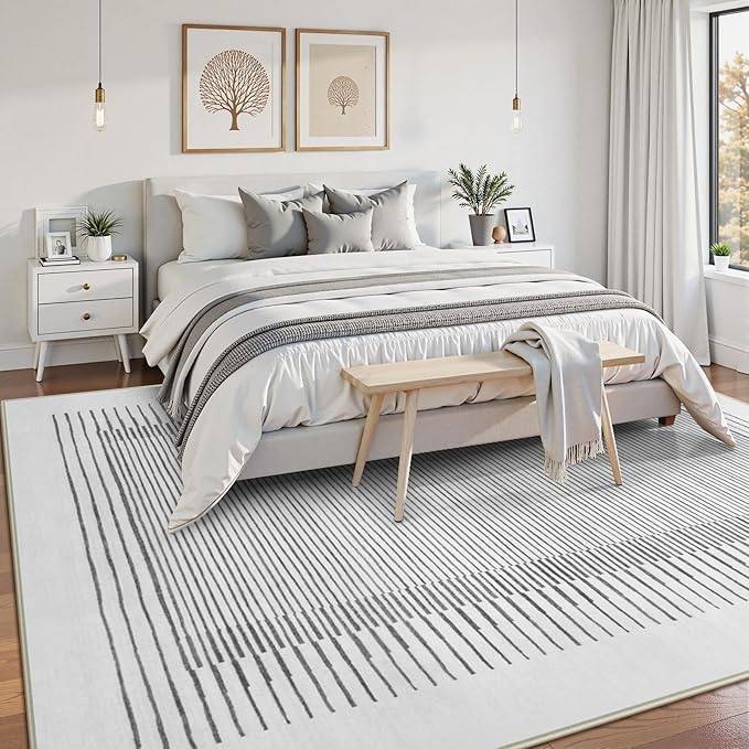Wonnitar Striped 9x12 Rugs for Living Room, Non-Slip Soft Grey Berber Stripe Bedroom Rug, Low Pile Minimalist Floor Carpet for Dining Room Living Room Department (Grey,9' x 12')