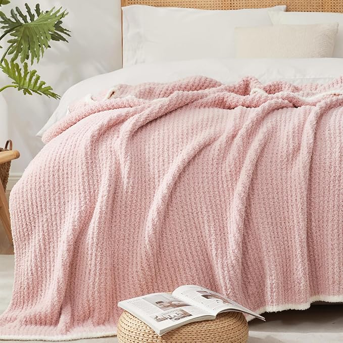 Snuggle Sac Pink Waffle Throw Blanket for Couch Bed Sofa 60x80 inches, Reversible Pink Blanket Microfiber Fluffy Fuzzy Cozy Knit Twin Blanket for Women Mothers Birthday Gifts