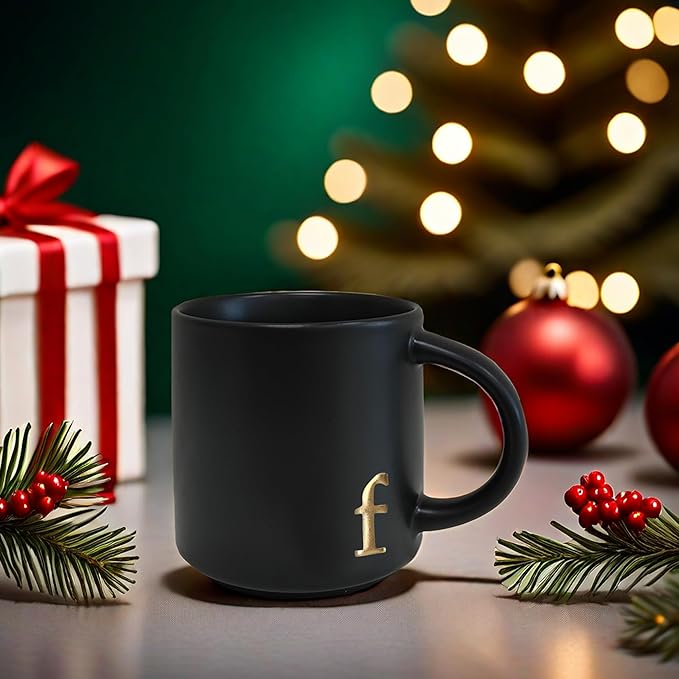 COLLECTIVE HOME - Black Monogram Ceramic Mugs, 15 oz Golden Initial Coffee Cups, Elegant Alphabet Tea Mugs, Personalized Halloween Mug with Gift Box, Perfect for Office and Home Décor(f)