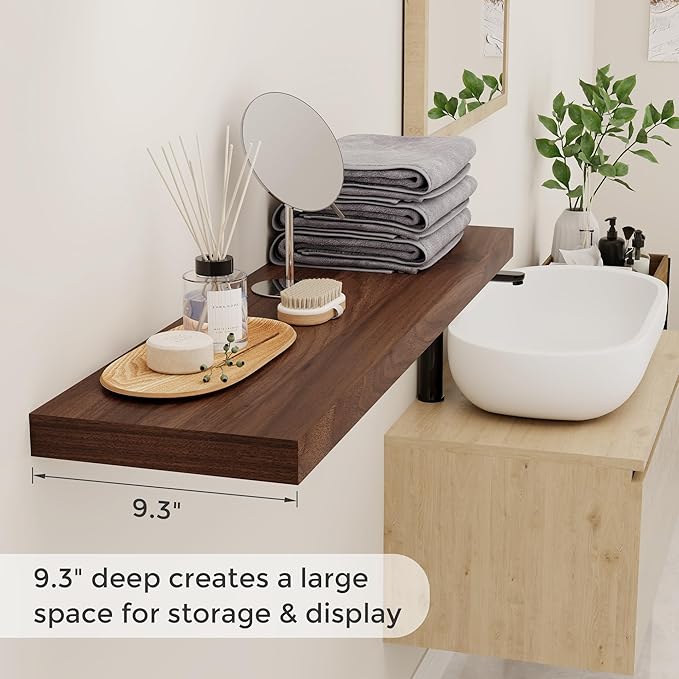 40 Inch Floating Shelvese, 40" W x 9" D Floating Shelf Set of 2, Farmhouse Wood Wall Shelves for Bedroom, Kitchen, Wall Mounted Deep Shelving for Home Decor, Walnut Color