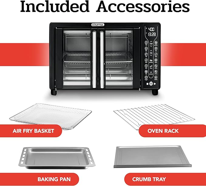 Gourmia Toaster Oven Air Fryer Combo 17 cooking presets 1700W french door digital air fryer oven 24L capacity accessories, convection rack, baking pan tray recipe book GTF7460,Large,Black