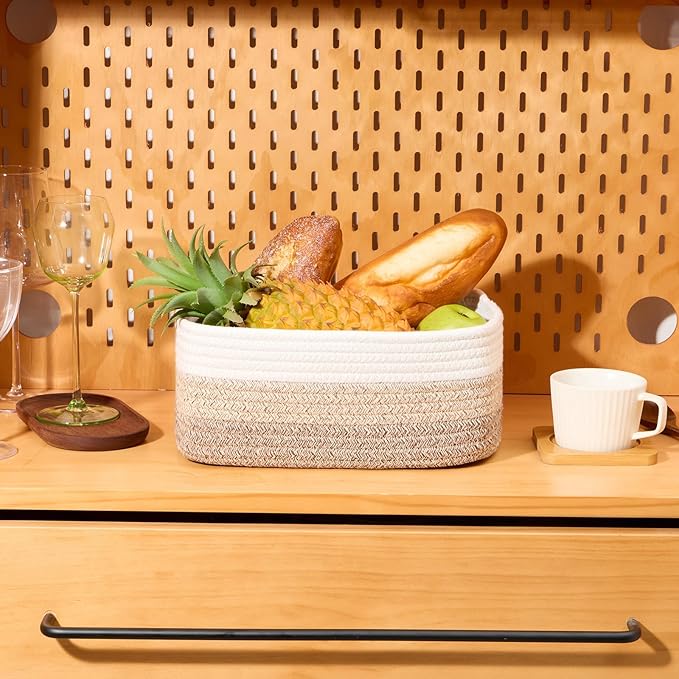Small Storage Baskets for Organizing | Closet Organizer Bins | Shelf Toy Basket | Woven Rope Baskets | Cube Decorative Box | Shallow Basket |11.5x7.5x4.7”| 3 Packs Gradient Brown
