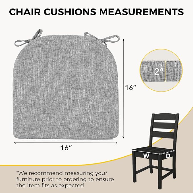 downluxe Indoor Chair Cushions for Dining Chairs, Soft and Comfortable Textured Foam Kitchen Chair Pads with Ties and Non-Slip Backing, 16" x 16" x 2", Light Grey, 2 Pack