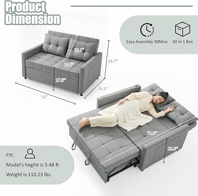52" Sleeper Sofa with Pull-Out Bed, 3-in-1 Convertible Sofa Bed, Loveseat with Stepless Adjustable Backrest and Side Pocket, for Living Room Dorm Apartment, Linen, Light Gray