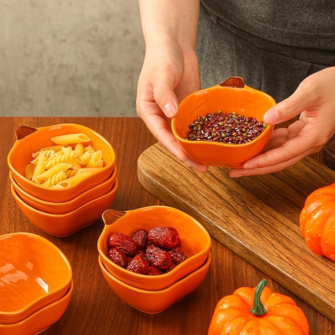 Dandat Fall Ramekins 6 oz Oven Safe Pumpkin Ceramic Ramekins Small Creme Brulee Dishes Dipping Pumpkin Baking Dish Shaped Bowl Plates for Serving Dip, Sauce, Condiments and Snack(8 Pcs)