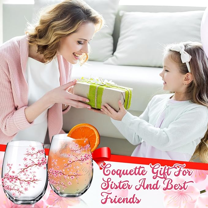 Sliner 2 Pack 17oz Cherry Blossom Stemless Wine Glasses Floral Drinking Glasses Cherry Blossom Tumbler Cups for Women Birthday Anniversary Gift Parties Supplies