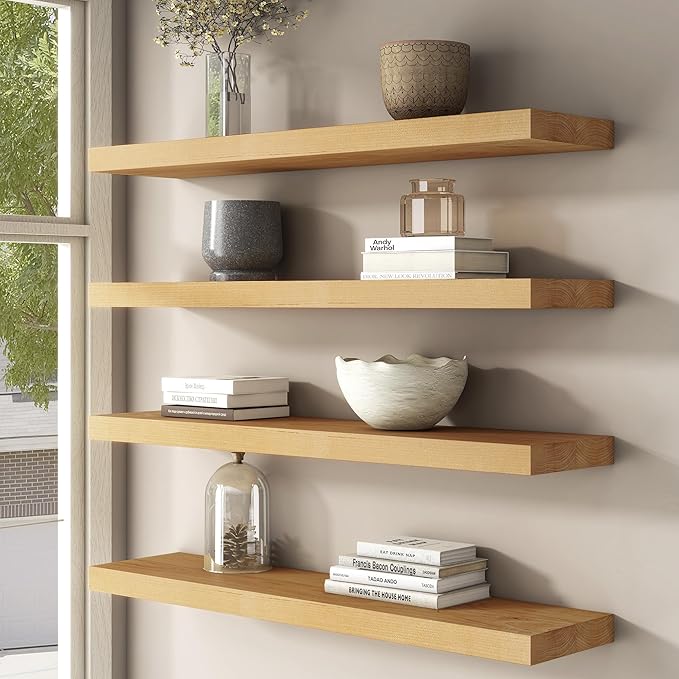 Floating Shelves for Wall, USA-Sourced Brich Wood 24 Inch Wall Shelves Set of 2, Natural Wooden Mounted Picture Ledge Shelf, Nursery Book Storage Shelf Kids Bookshelf Display, Shelf for Bathroom