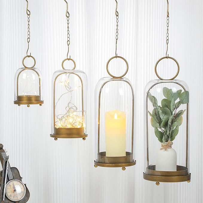 20" High Versatile Modern Metal Hurricane Lantern with Handmade Sturdy Glass Dome for Pillar Candle & Plants (Brass, 7.5"x20")
