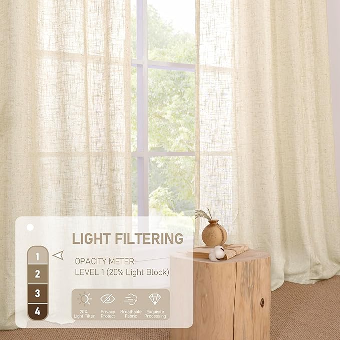 LAMIT Short Window Linen Curtains 36 Inch Length 2 Panels, Beige Light Filtering Panels Bronze Grommet Neutral Drapes for Bathroom/Loft Room, 34 x 36 Inch