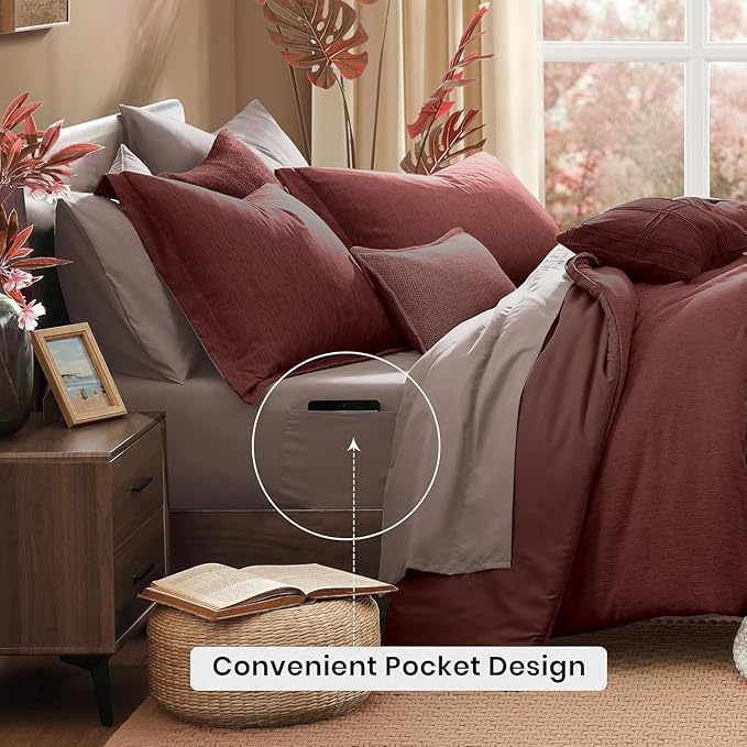 Monbix California King Comforter Set - 7 Pieces Cationic Dyeing Dark Red Bed in a Bag Cal King Bedding Sets with Comforter, Sheets, Pillowcases & Shams, Reversible Bedding Comforters Sets (108 * 92)