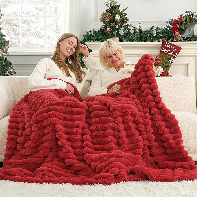 Cozy Bliss Faux Fur Throw Blanket for Couch, Cozy Warm Plush Striped Blanket for Sofa Bedroom Living Room,50 * 60 Inches Cardinal Red