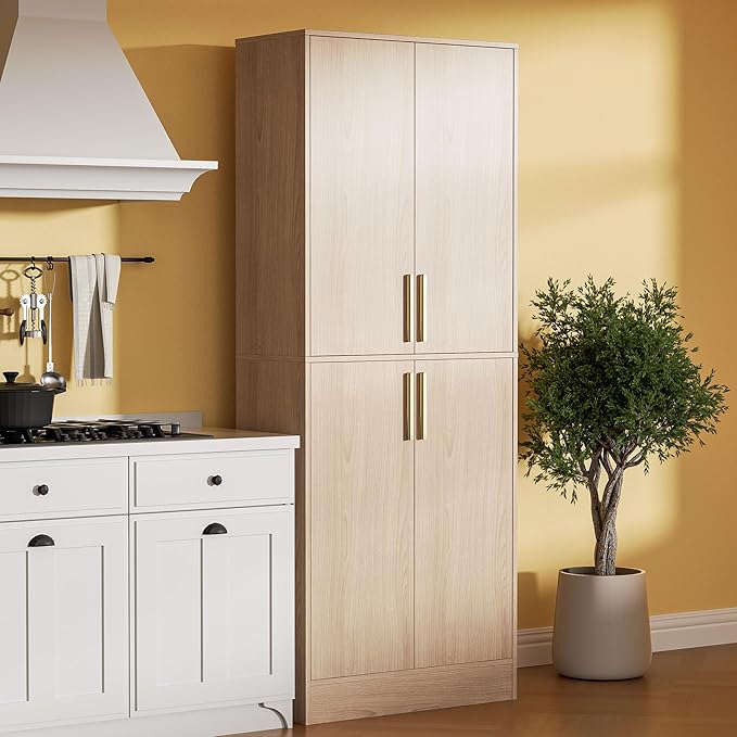 71" Tall Pantry Cabinet with 4 Doors, Kitchen Pantry Storage Cabinet, Freestanding Larder Cupboard, Utility Kitchen Hutch with Gold Handles for Dining Room, Bathroom, Oak