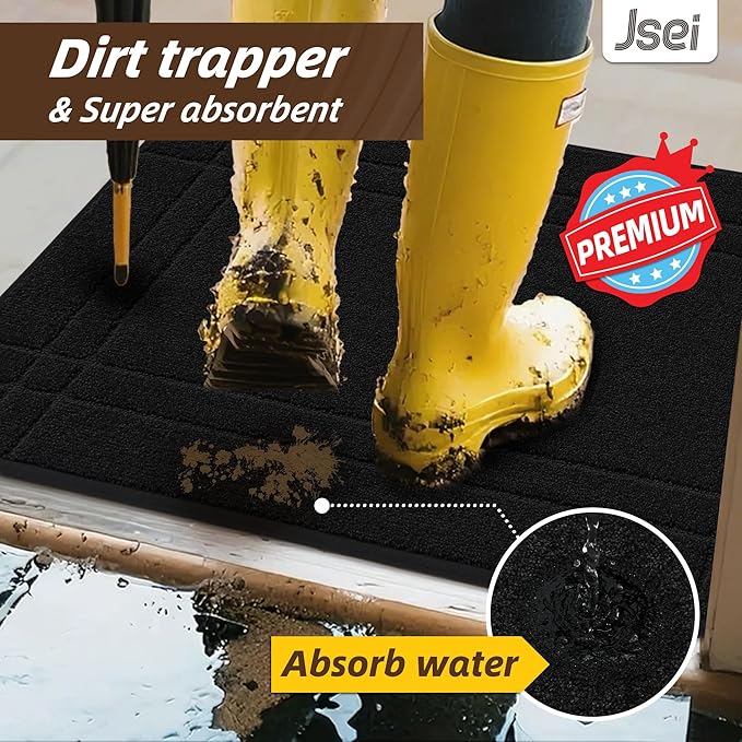 JSEI Entryway Rugs Doormat 32"x48", Non-Slip Dirt Trapper Door Mats Indoor, Washable Absorbent and Stain Resist Welcome Floor Mat for Front Door, Dog Door Mat, Muddy Wet Shoes & Paws, Black