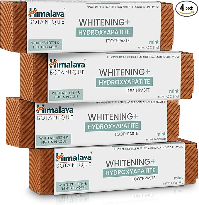 Himalaya Botanique Whitening + Hydroxyapatite Toothpaste for Whiter Teeth & Fresher Breath, Fights Plaque with Hydroxyapatite Support & Mint Flavor, Fluoride Free, SLS Free, & Vegan, 4.0 oz, 4 Pack