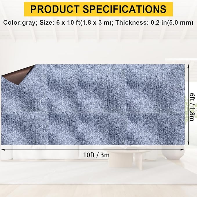 Marine Carpet,6 FT x 10 FT Blue-Gray Indoor Outdoor Carpet 0.2" Thick Boat Carpet with Water-Proof TPE Backing, Non-Slide Outdoor Marine Carpet Roll for Home, Patio, Porch, Deck