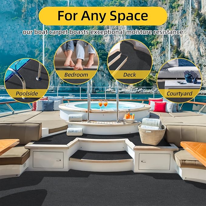 Marine Carpet, 5 FT x 15 FT Black Indoor/Outdoor Rug 0.2" Thick TPE Backed Non-Slip Boat Carpet Roll for Home, Patio, Porch, Deck