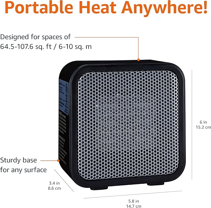 Amazon Basics Ceramic Space Heater, Mini Heater for Office Desk, Portable Tent Heater for Camping (Indoor Use), 500 W, With Tip-Over Protection, Lightweight (1.4 LBS), Black, 5.87”D x 3.15”W x 5.95”H