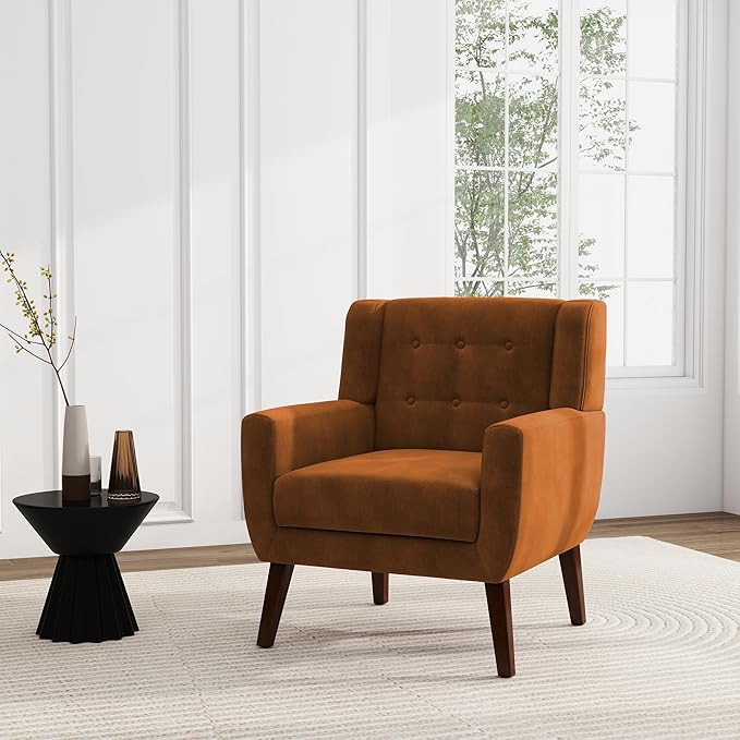 UIXE Accent Chair, Velvet Upholstered Armchair for Living Room, Modern Club Arm Chairs Comfy Single Sofa Button Tufted Bedroom Reading Seat - Orange, Set of 1