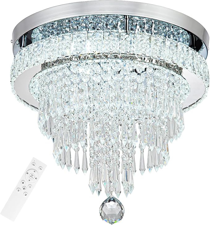 16“ Crystal Chandeliers Round Modern LED Chandelier Light Flush Mount Ceiling Light Fixtures with Remote Control for Bedroom Living Room Dining Room (dimmable)