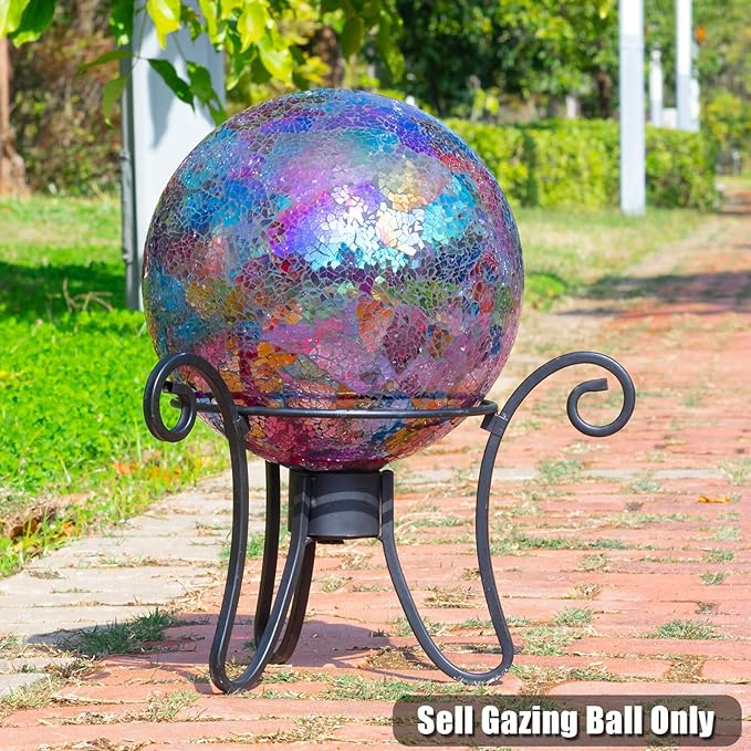 VCUTEKA Gazing Ball, Iridescent Crackled Glass Mosaic Gazing Balls Sphere for Garden Lawn Outdoor Ornament Yard Decorative, 10-Inch, Purple