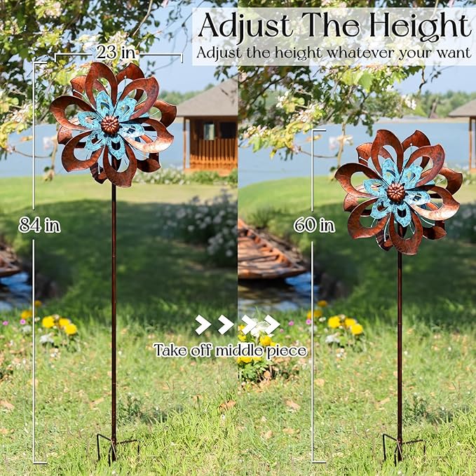 Garden Wind Spinner,Flower Wind Spinner,Outdoor Metal Wind Sculpture & Spinner Large 23 inch Dia 84 inch Height Kinetic Windmill for Garden Yard