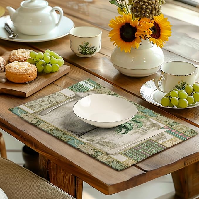 Tropical Palm Tree Placemats Set of 4 Summer Vintage Green Leaf Kitchen Table Mat 12x18 Inch Hawaii Beach Jungle Plant Tree Heat Resistant Washable Linen Place Mats for Dining Tables