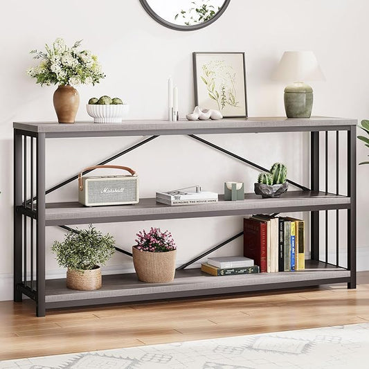 LVB Long Console Table with Storage, Farmhouse Rustic Skinny Entryway Table, Modern Wood Metal Hallway Sofa Table with Shelf, Industrial Narrow Couch Entry Table for Foyer Living Room, Light Grey, 63
