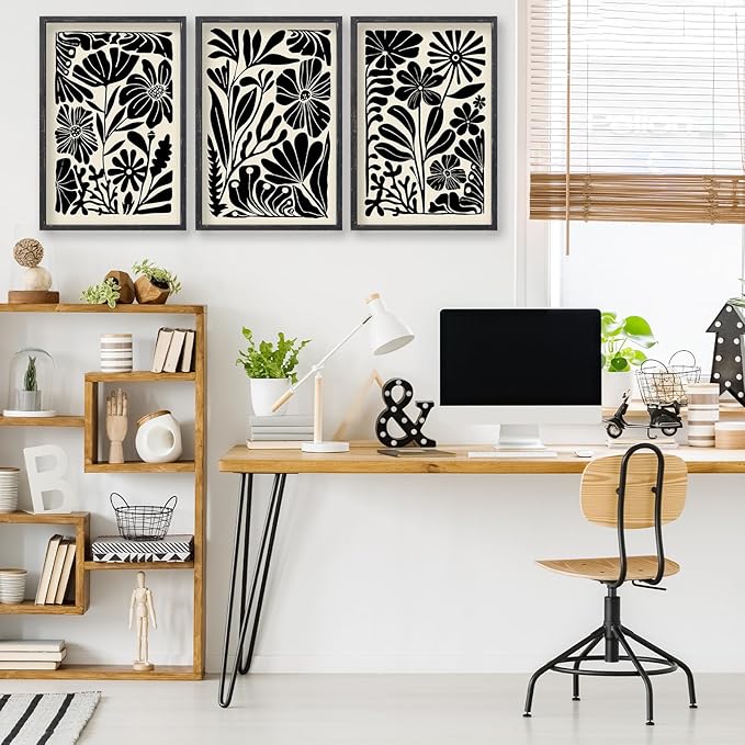 Abstract Floral Botanical Wall Art 16x11 Inch 3 Piece Black Vintage Boho Plant Flower Minimalist Wood Frame Sign Home Living Room Family Office Mid Century Print Wall Hanging Decor (Black)