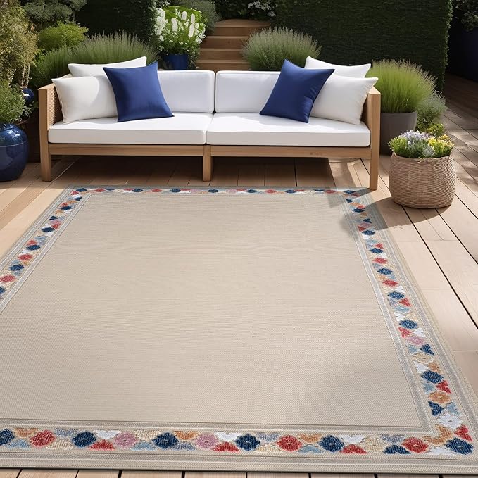 Beverly Rug Outdoor Rug 4x6 Modern Bordered Area Rugs for Indoor and Outdoor Patio Easy to Clean Non Shedding Living Room Porch Garden Washable Outside Carpet (4 x 6 Beige)
