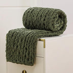 WESHIONGOO Chunky Knit Blanket Throw 40"×40" Knitted Throw Blankets for Couch Bed Fluffy Soft Blanket with Jumbo Chenille Yarn Thick 100% Handmade (Olive Green)
