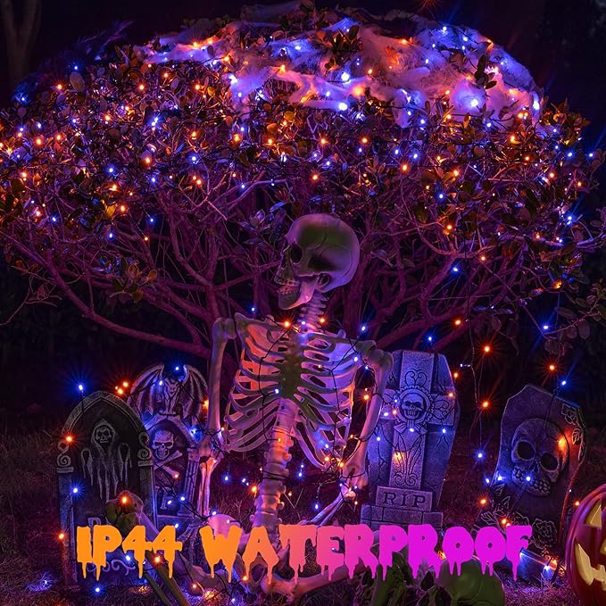 Rotu Halloween String Lights Outdoor with Music Sync Spooky Sounds 300 LED 114.8ft Indoor Fairy String Lights Waterproof Function for Halloween Party Haunted House Decorations (Purple & Orange)