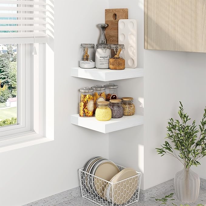 8 Inch Deep Floating Shelves White, Rustic Wood Floating Shelf for Home Decor, 8 x 8 Inch Square Wall Shelves, Wooden Storage & Display Shelves for Kitchen, Bathroom, Living Room, Set of 2