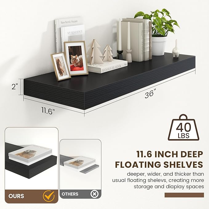 Deep Floating Shelves for Wall | 36 Inch Wide x 12 Inch Deep Black Floating Shelves | 36W x 12D Rustic Wood Wide Wall Shelves | Bookshelf Laundry Shelf TV Shelf