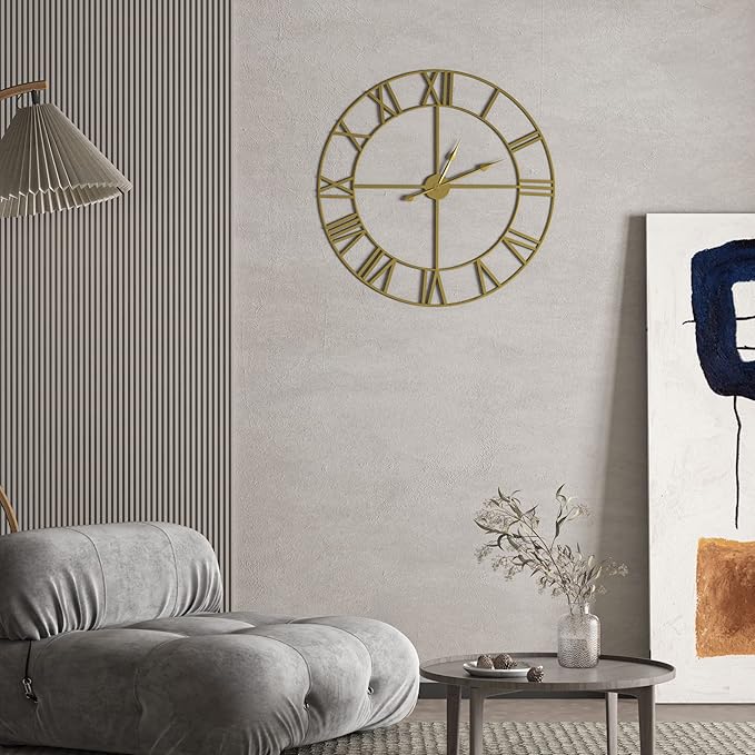 Large Modern Metal Wall Clocks Rustic Round Silent Non Ticking Battery Operated Roman Numerals Clock for Living Room/Bedroom/Kitchen Wall Decor-(Gold, 40cm)