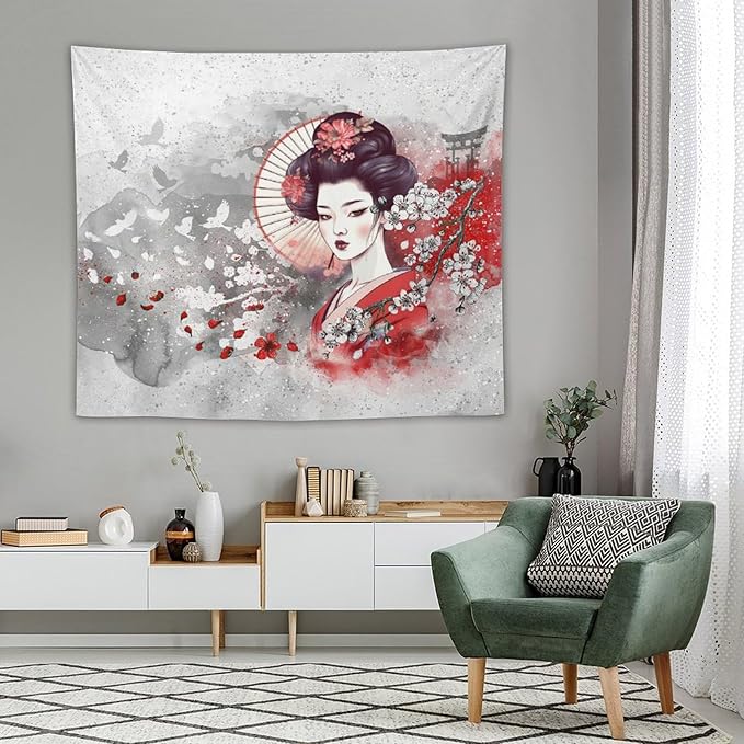 Japanese Geisha Tapestry Asian Red Cherry Blossom Traditional Kimono Folk Tapestries Home Decor for Living Room Bedroom Apartment Farmhouse Dorm 60"x50"
