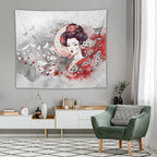 Japanese Geisha Tapestry Asian Red Cherry Blossom Traditional Kimono Folk Tapestries Home Decor for Living Room Bedroom Apartment Farmhouse Dorm 60"x50"