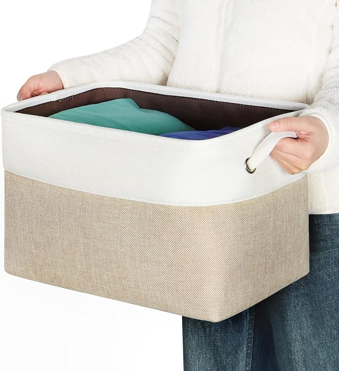 Kntiwiwo Foldable Storage Bins 15" x 10" x 9.5" Fabric Storage Basket Cube with Handles Large Linen Closet Organizer Bins for Organizing Shelf Home,Set of 3, Beige