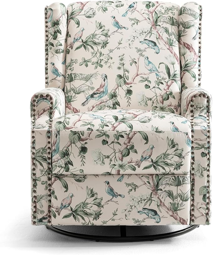 UIXE Swivel Rocker Manual Recliner Chair, Wingback Swivel Glider Fabric Nursery Reclining Sofa Chair, High Back Upholstered Arm Chair for Living Room Bedroom - Bird Pattern