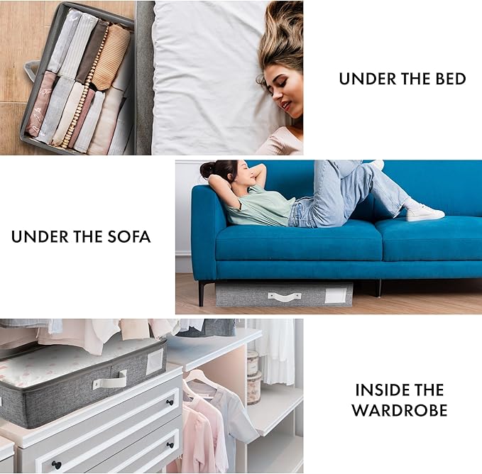 HOMELUX THEORY 2pc Under Bed Storage Containers, Bedroom Under the Bed Drawer Storage Organizer with Bins and Lids, Medium Underbed Clothes Storage Box Ideal for Blanket, Fabric, & Shoes (LightGray)