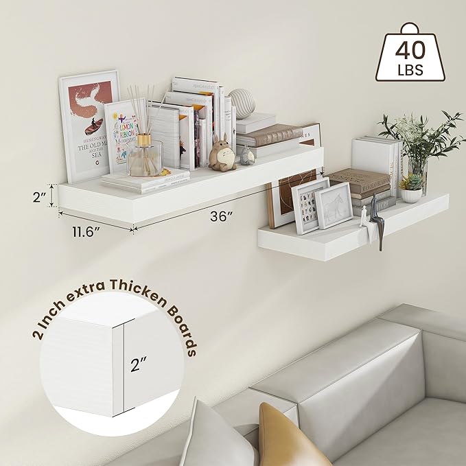 Deep Floating Shelves, 12'' Deep Rustic Large Floating Shelves Set of 2, White Shelves for Wall 36 Inches Long, Wood Shelves for Living Room Laundry Room Bedroom Kitchen Home Office - White