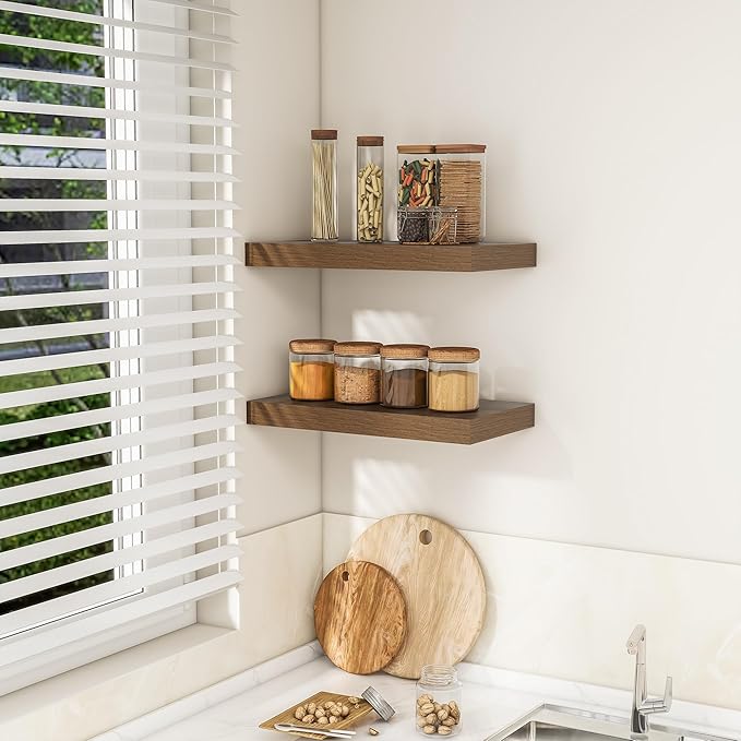 RICHFOCUS 16Inch Floating Shelves for Wall 2 Pack Shelves for Bedroom|Kitchen|Bathroom Wall Mounted Rustic Wood Floating Shelf with Invisible Brackets for Books|Storage|Decor, Walnut
