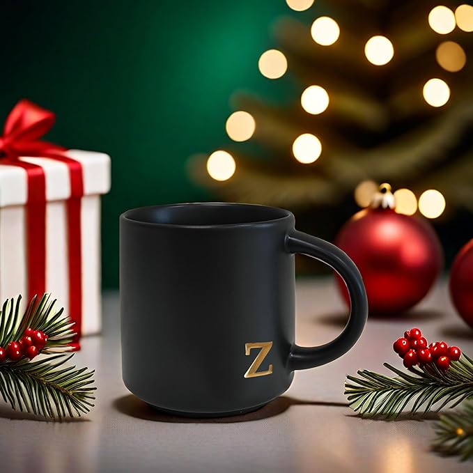 COLLECTIVE HOME - Black Monogram Ceramic Mugs, 15 oz Golden Initial Coffee Cups, Elegant Alphabet Tea Mugs, Personalized Halloween Mug with Gift Box, Perfect for Office and Home Décor (z)